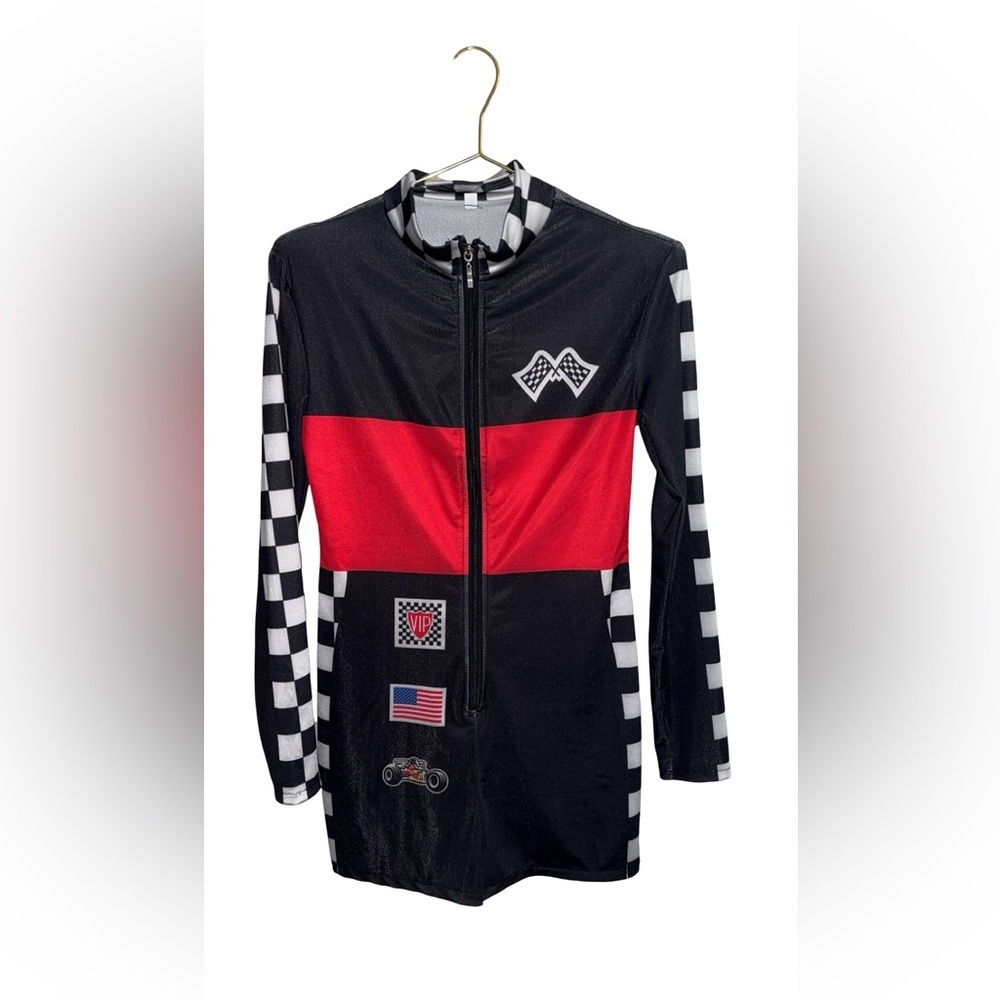 Woman’s Racing-Themed Black & Red Costume Jumpsuit Size Small P2P 18”